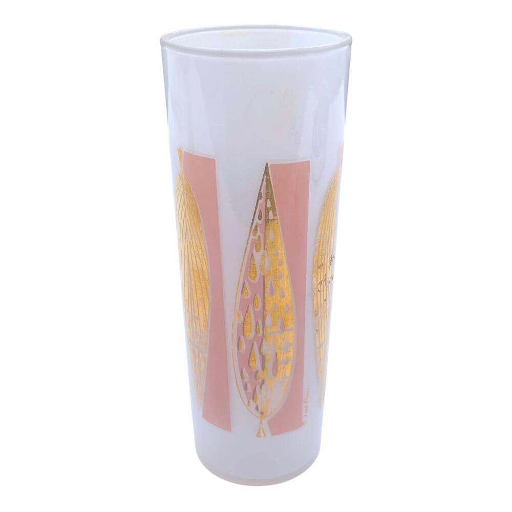 Vintage Fred Press Frosted Pink Gold Leaf Highball Glass MCM Barware